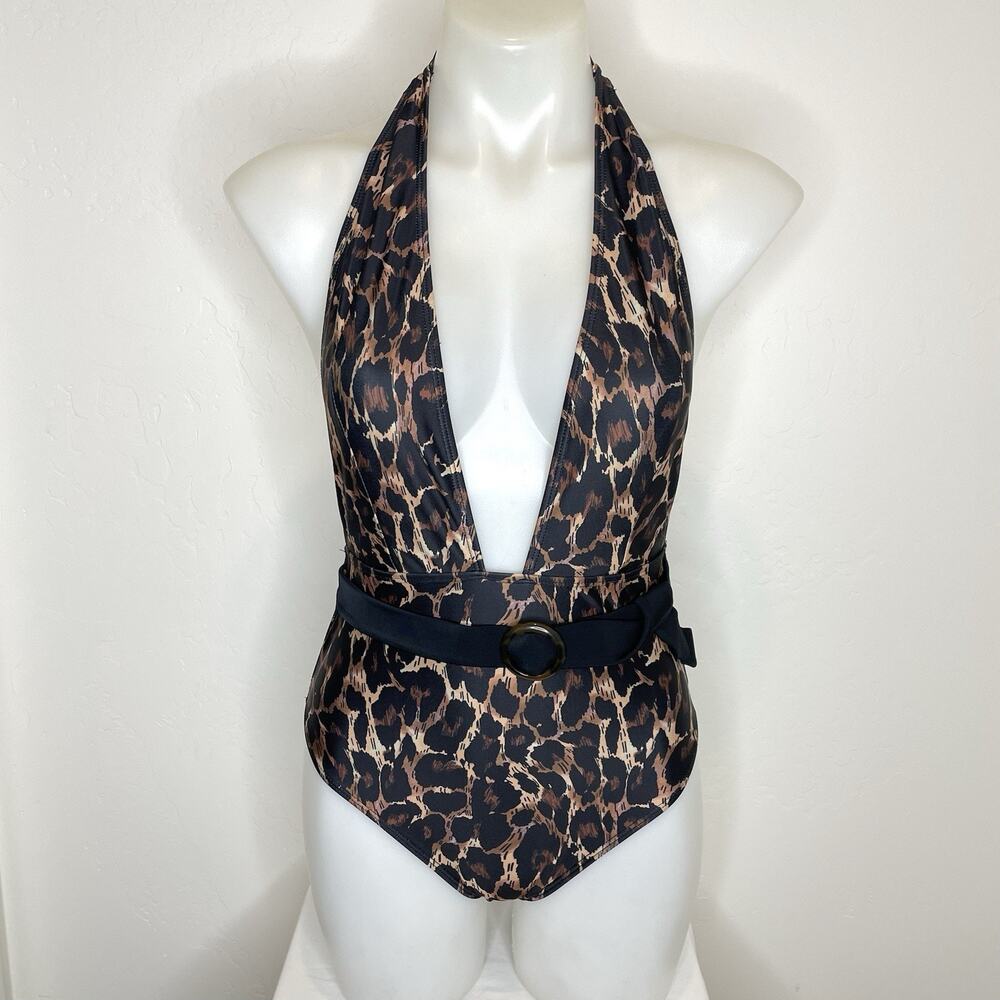Bettie Paige By Playful Promises Plunge Leopard Swimsuit Womens 6 One Piece Belt